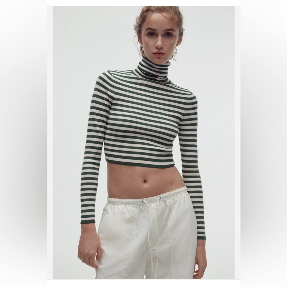 ZARA CROPPED KNIT HIGH NECK SWEATER JUMPER POLO GREEN AND WHITE 
STRIPE